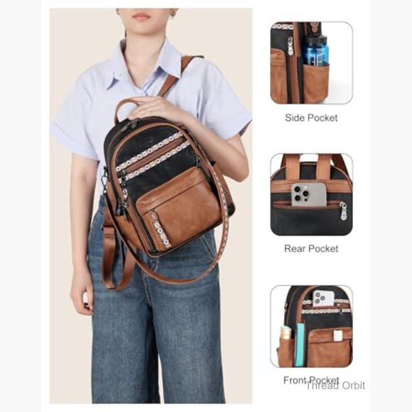 PU Leather Mini Backpack with 14 Pockets, RFID Protection, Water Resistant